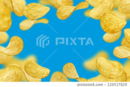 Potato chips frame, blue background, package design element 120517829