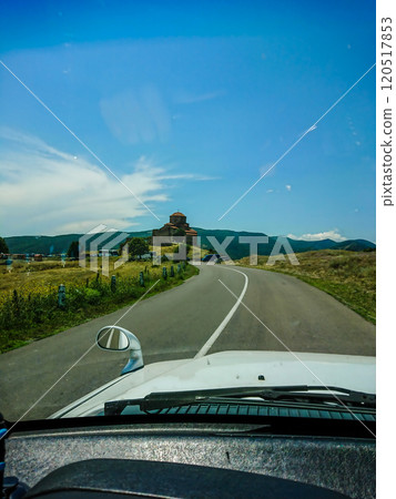 Driving on the road to Jvari Monastery, a sixth-century Georgian Orthodox Monastery 120517853