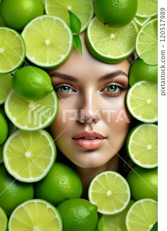 artwork with beautiful   woman face around vibrant green slices. close up. conceptual digital artwork for fashionable branding and design. Ai generated 120517989