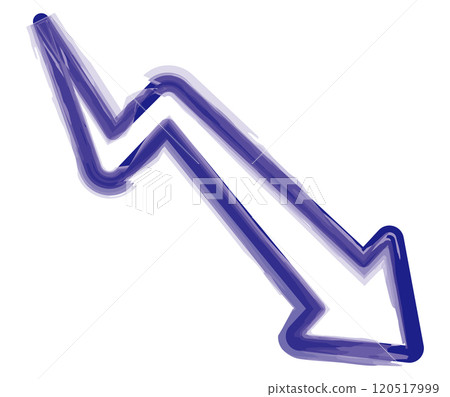 A hand-drawn watercolor-style illustration of a blue arrow descending in a zigzag pattern 120517999