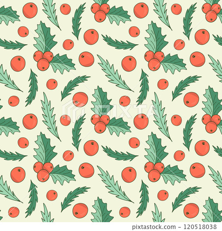 Christmas pattern of holly leaves and berries on a light background. Seamless festive vector pattern, great for party invitations, postcards, textiles, gift wrapping paper and home decor. 120518038