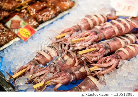 squid and seafood in kuromon market, Osaka Japan 120518093