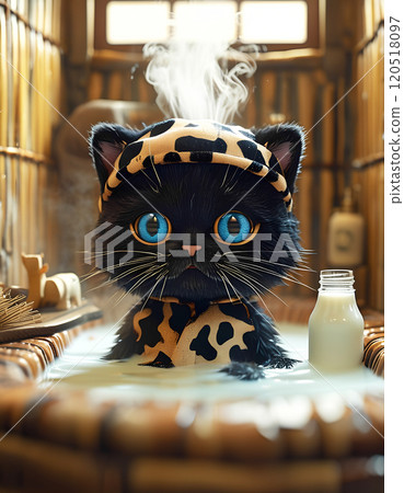 一隻小貓在旅館的溫泉裡放鬆 120518097