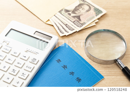 Calculator, pension book and money Calculator, pension book and money 120518248