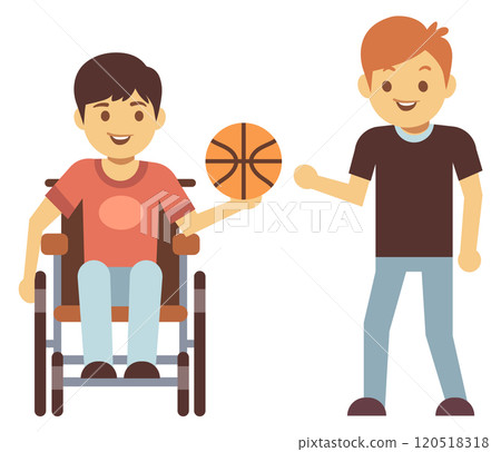 Boy in wheelchair play basketball. Friends sport game 120518318
