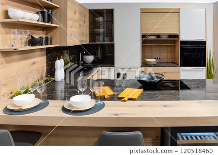 Minimalistic modern wooden panel kitchen interior Minimalistic modern wooden panel kitchen interior 120518460