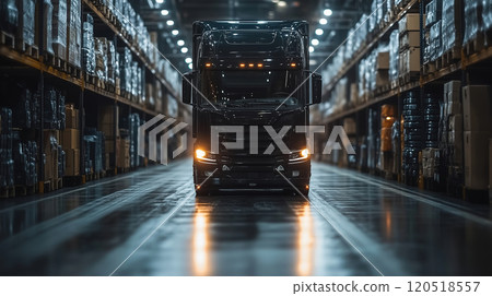 Large black truck parked inside a modern warehouse filled with pallets and boxes at night 120518557