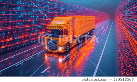 Brightly glowing truck travels through a futuristic neon-lit corridor at night. Generative AI Brightly glowing truck travels through a futuristic neon-lit corridor at night. Generative AI 120518567