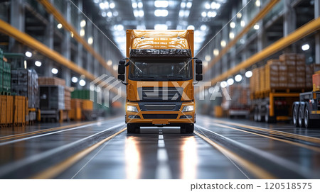 Industrial warehouse with a bright yellow truck ready for loading at dusk. Generative AI 120518575