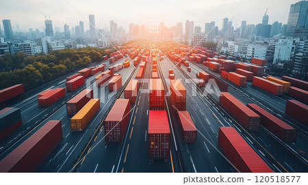 Busy shipping yard filled with colorful containers at sunset overlooking a city skyline. Generative Busy shipping yard filled with colorful containers at sunset overlooking a city skyline. Generative 120518577