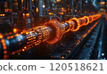 Industrial machinery showcases glowing components in an advanced manufacturing facility during a 120518621