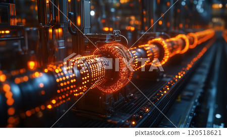 Industrial machinery showcases glowing components in an advanced manufacturing facility during a Industrial machinery showcases glowing components in an advanced manufacturing facility during a 120518621
