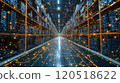 High-tech warehouse filled with shelves and illuminated pathways during night hours. Generative AI 120518622