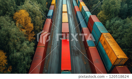 Colorful shipping containers align along a narrow road surrounded by lush green and golden trees in Colorful shipping containers align along a narrow road surrounded by lush green and golden trees in 120518624