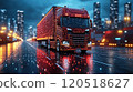 Brightly lit truck on a rainy city road at night with glowing lights illuminating surroundings 120518627