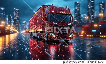 Brightly lit truck on a rainy city road at night with glowing lights illuminating surroundings Brightly lit truck on a rainy city road at night with glowing lights illuminating surroundings 120518627
