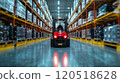 Forklift operator moves pallets in a busy warehouse during daytime operations. Generative AI 120518628