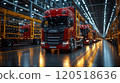 Red trucks lined up in a warehouse ready for delivery in a modern logistics facility during the day 120518636