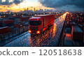Red freight truck drives along illuminated highway with city skyline at dusk. Generative AI 120518638