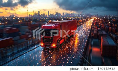 Red freight truck drives along illuminated highway with city skyline at dusk. Generative AI Red freight truck drives along illuminated highway with city skyline at dusk. Generative AI 120518638