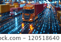 Model truck drives along a digitally rendered road with glowing effects and containers in a vibrant 120518640