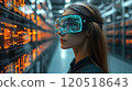 Woman wearing augmented reality goggles in a futuristic data center with glowing screens in the 120518643