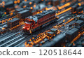 Model train navigating through a detailed miniature landscape at dusk with glowing lights and 120518644