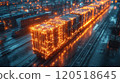 Brightly lit cargo train passing through a bustling railway yard during nighttime operations 120518645