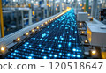 Conveyor belt with illuminated blue elements in a factory during daytime showcasing advanced 120518647