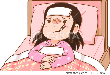 Cartoon of sick girl lying on the bed. 120518876
