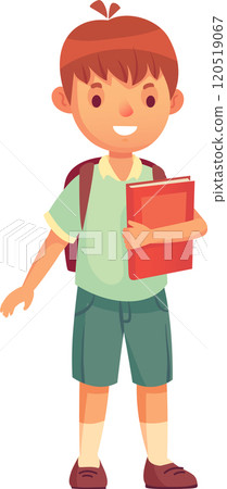 Cheerful schoolboy holding a book and wearing a backpack is ready for his first day of school, eager to learn and make new friends 120519067