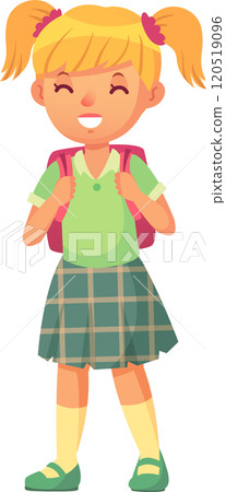 Excited schoolgirl in uniform with colorful backpack ready for first day of school, radiating happiness and joy 120519096