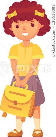 Happy schoolgirl with curly red hair, yellow shirt and gray skirt, holding her yellow satchel and smiling, ready for her first day of school 120519098
