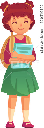 Happy schoolgirl with curly hair, backpack, and closed eyes hugging books, getting ready for class, showing love for reading and education 120519122