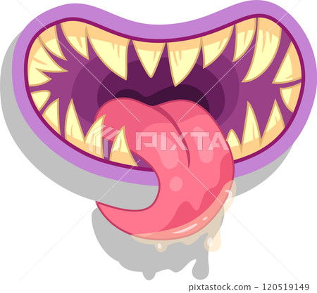 Cartoon vector illustration of a scary monster mouth with sharp teeth and long pink tongue dripping saliva, ideal for halloween projects 120519149