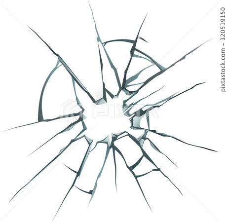 Broken glass featuring radial cracks emanating from a central hole, creating a dramatic visual effect against a white background, suitable for various design applications Broken glass featuring radial cracks emanating from a central hole, creating a dramatic visual effect against a white background, suitable for various design applications 120519150