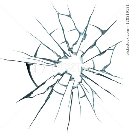 Cracked glass with a hole in center is radiating cracks outwards, creating a dramatic visual effect against a clean white backdrop, perfect for illustrating concepts of damage, stress, or impact 120519151