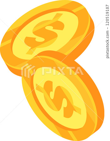 Two gold coins with dollar sign are rotating, creating a dynamic visual representation of finance, currency, and economic concepts in isometric perspective 120519187