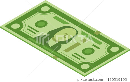 Green banknote lying on a white background, featuring security elements and a portrait, representing american currency in an isometric perspective Green banknote lying on a white background, featuring security elements and a portrait, representing american currency in an isometric perspective 120519193