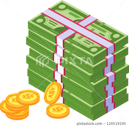 Stack of green dollar bills secured with straps and gold coins illustrating savings, investment, financial success, and economic growth 120519195