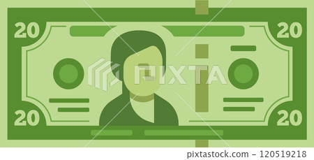 Green twenty dollar bill with the portrait of a fictional female politician, symbolizing economic policies, government regulation, and financial markets 120519218