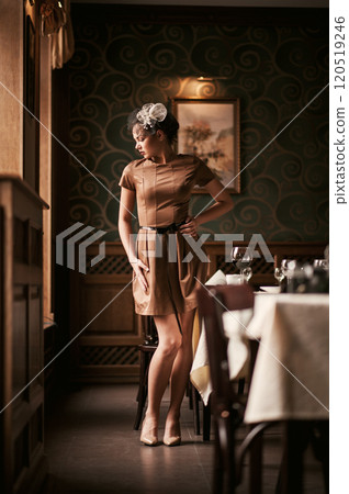 Closeup portrait of young female customer drinking red wine with eyes closed 120519246