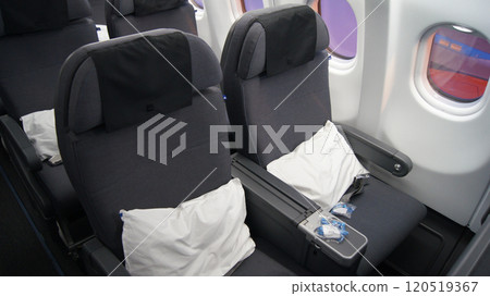 STOCKHOLM, SWEDEN - NOVEMBER 24, 2018: Economy Class aircraft seat in a long-haul cabin on the way to the USA STOCKHOLM, SWEDEN - NOVEMBER 24, 2018: Economy Class aircraft seat in a long-haul cabin on the way to the USA 120519367