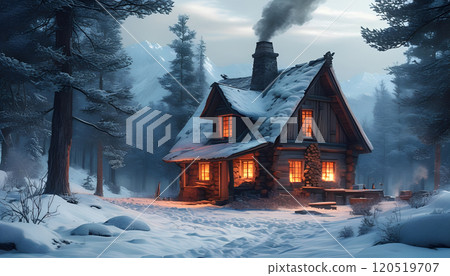 A mountain lodge located deep in the mountains as snow falls 120519707