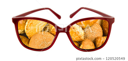 Reflection of buns and sweet pastries in elegant glasses. Glasses isolated on white. Collage. 120520549