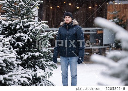 Handsome bearded man chooses a Christmas tree at the fair 120520646