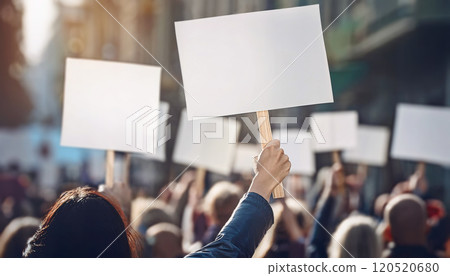 Woman hand holding a blank banner in the crowd during a protest parade on the city streets. Protesters demonstration with pancarts. Multiple activists demand their rights 120520680