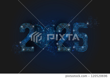 Abstract isolated blue image of new year number 2025. Polygonal low poly wireframe illustration looks like stars in the black night sky in space or flying glass shards. Digital web, internet design. 120520696