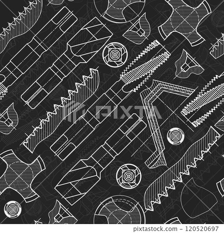 Mechanical engineering drawings on black background. Tap tools, borer. Technical Design. Cover. Blueprint. Seamless pattern. Vector illustration. 120520697