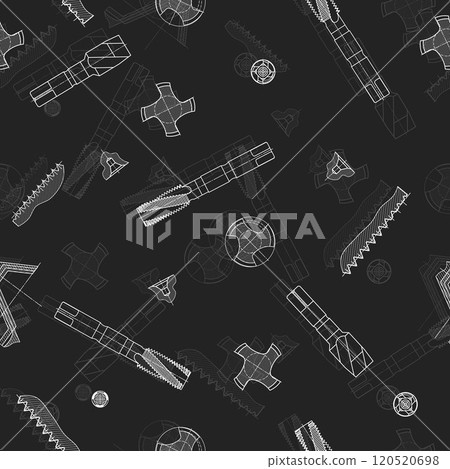 Mechanical engineering drawings on black background. Tap tools, borer. Technical Design. Cover. Blueprint. Seamless pattern. Vector illustration. 120520698